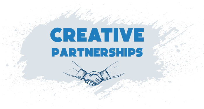 Creative partnerships — two hands shaking, drawn in blue line art